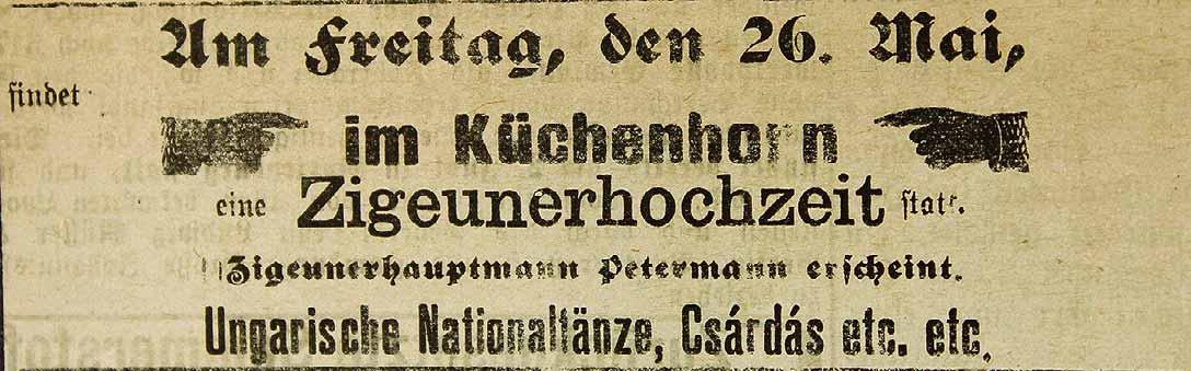 Ein Zeitungsartikel aus dem Jahr 1899 berichtet von einer „Zigeunerhochzeit“, die bei Wolmirstedt gefeiert wurde. Ein Zeitungsartikel aus dem Jahr 1899 berichtet von einer „Zigeunerhochzeit“, die bei Wolmirstedt gefeiert wurde.