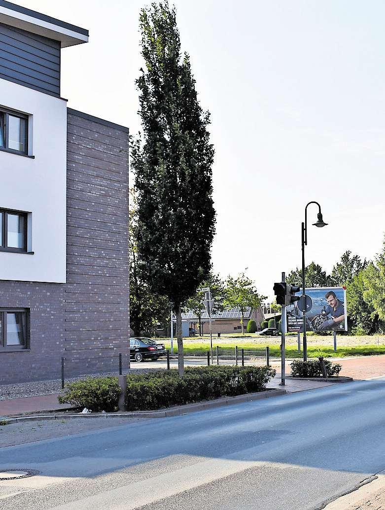 So kann es werden: Dieses Wohnhaus bietet das Bild, wie die Hauptstraße künftig aussieht. Auf der Fläche im Hintergrund will die VR-Bank Südoldenburg ein Ärzte-, Geschäfts- und Wohnhaus bauen.