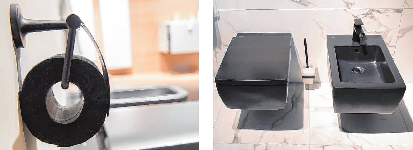 Oder doch lieber schwarz? Die schwarze Toilette und das gleichfarbige Bidet von Villeroy & Boch wirken auf den ersten Blick vielleicht ungewöhnlich, sollen aber laut Trendexperten in den nächsten Jahren immer beliebter werden (rechts). Dann darf sogar das Toilettenpapier schwarz eingefärbt sein (links). Oder doch lieber schwarz? Die schwarze Toilette und das gleichfarbige Bidet von Villeroy & Boch wirken auf den ersten Blick vielleicht ungewöhnlich, sollen aber laut Trendexperten in den nächsten Jahren immer beliebter werden (rechts). Dann darf sogar das Toilettenpapier schwarz eingefärbt sein (links).