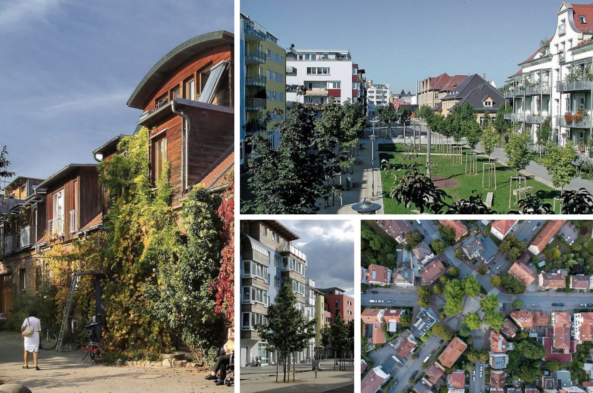 Ob im Loretto-Viertel am Lorettoplatz mit grünen Spielflächen, im Französischen Viertel mit den bunten und teilweise schön begrünten Häuser oder am Sternplatz – der Tübinger Süden ist vielfältig, grün und sehr liebens- und lebenswert. Bilder: Erich Sommer (Archivbild, links), Stadt Tübingen (oben und Mitte), Dktue CC-bysa-4.0 (rechts unten)