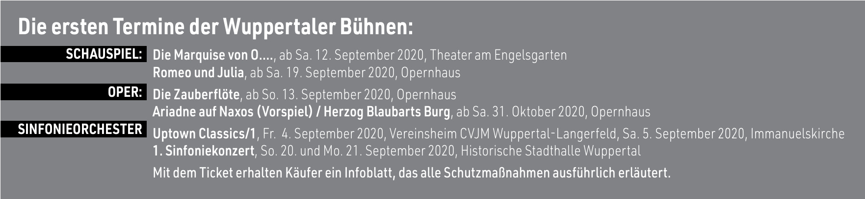 Die ersten Termine der Wuppertaler Bühnen Die ersten Termine der Wuppertaler Bühnen