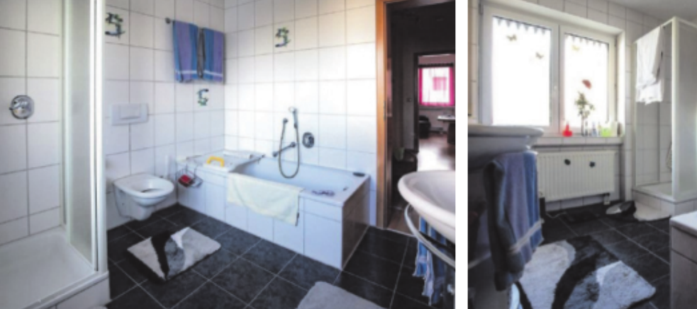 Vor dem Umbau: Enge Toilette, ungenutzte Badewanne, Dusche mit hohem Einstieg. Vor dem Umbau: Enge Toilette, ungenutzte Badewanne, Dusche mit hohem Einstieg.
