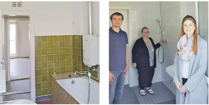 Das Badezimmer vor und nach der Sanierung mit Bauleiter Herr Steinmetz, Frau Heiden und Kundenbetreuerin Frau Haas im barrierefreien Badezimmer (von links). Fotos: privat Das Badezimmer vor und nach der Sanierung mit Bauleiter Herr Steinmetz, Frau Heiden und Kundenbetreuerin Frau Haas im barrierefreien Badezimmer (von links). Fotos: privat