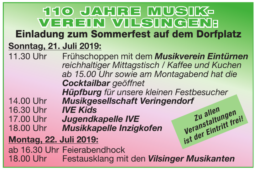 110 Jahre Musikverein Vilsingen: Einladung zum Sommerfest auf dem Dorfplatz 110 Jahre Musikverein Vilsingen: Einladung zum Sommerfest auf dem Dorfplatz