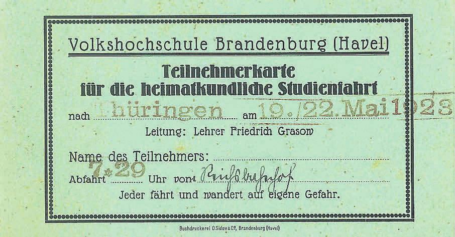 So sah eine Teilnehmerkarte für eine Studienfahrt Ende der 1920er-Jahre aus. Heute kann man sich auch bequem online für Kurse anmelden. GRAFIK/REPRO: VHS BRANDENBURG So sah eine Teilnehmerkarte für eine Studienfahrt Ende der 1920er-Jahre aus. Heute kann man sich auch bequem online für Kurse anmelden. GRAFIK/REPRO: VHS BRANDENBURG