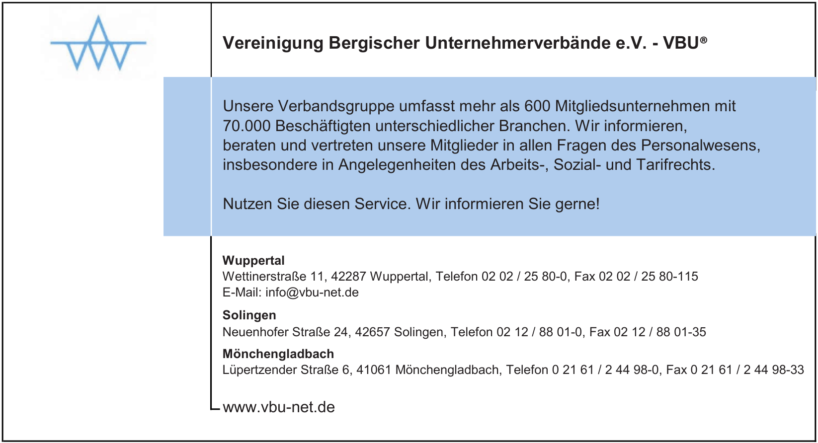 Vereinigung Bergischer Unternehmerverbände e. V. – VBU® Vereinigung Bergischer Unternehmerverbände e. V. – VBU®