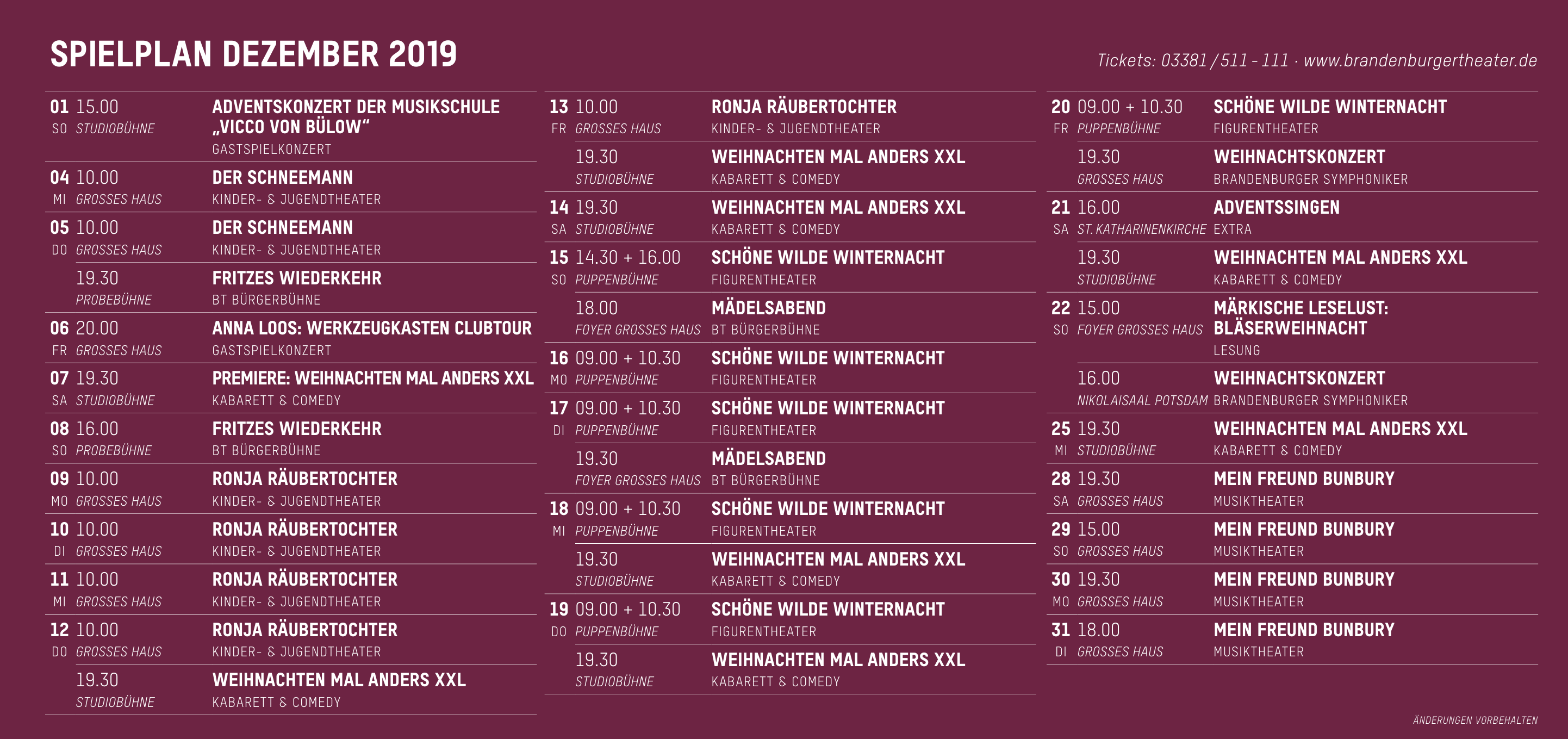 Brandenburger Theater - Spielplan Dezember 2019 Brandenburger Theater - Spielplan Dezember 2019