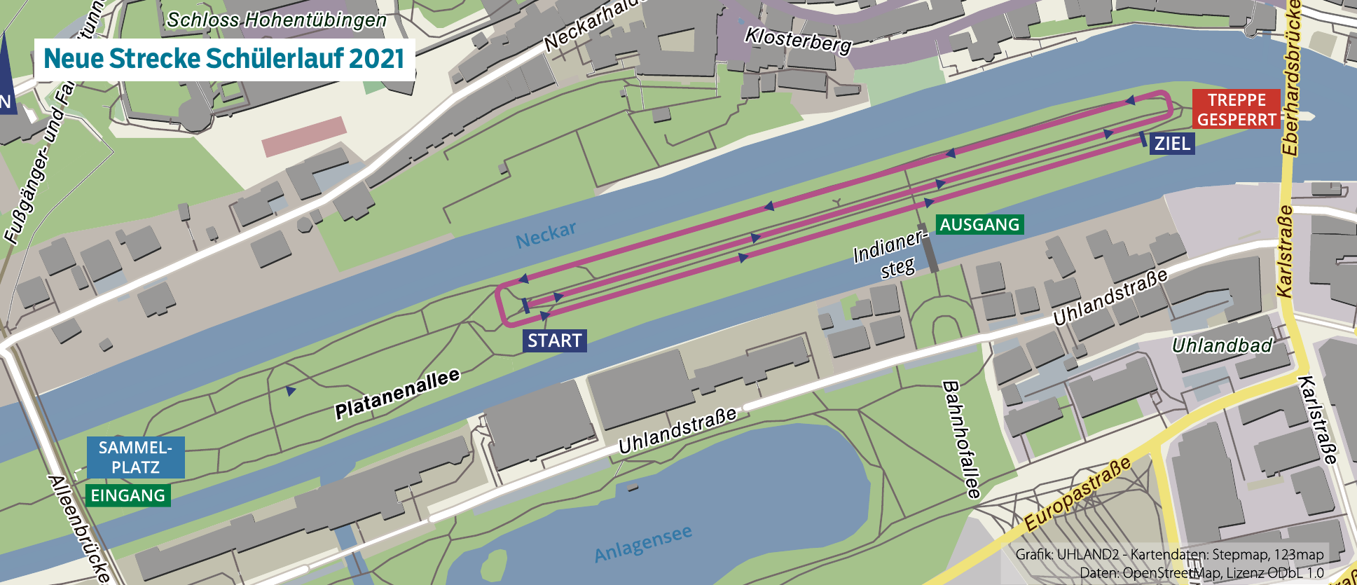 In diesem Jahr laufen die Kids auf der Neckarinsel. Der Start ist auf der Höhe des Silcher-Denkmals. Die Schüler/innen laufen „runter/hoch/runter“. Heißt: Start in Richtung Neckarbrücke, dort wird gewendet und auf dem Weg direkt am Neckar eingebogen. Die Kinder laufen wieder zurück zum Silcher-Denkmal, um dann auf dem Hauptweg der Platanenallee ins Ziel zu kommen. Dies befindet sich auf Höhe der Neckarbrücke.