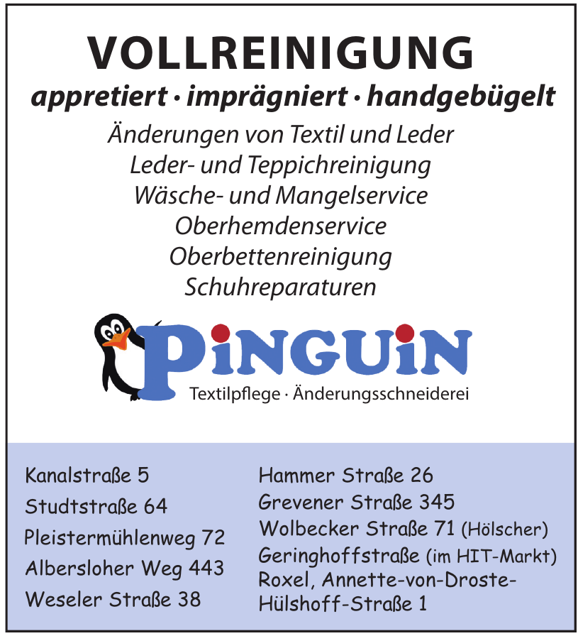 Pinguin Textipflege, Änderungsschneiderei Pinguin Textipflege, Änderungsschneiderei